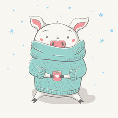 Lovely cute cheerful piggy sits in sweater or jersey with cup and heart. - 235636933