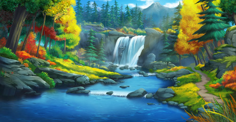 Fototapeta na wymiar The Waterfall Forest. Fiction Backdrop. Concept Art. Realistic Illustration. Video Game Digital CG Artwork. Nature Scenery. 