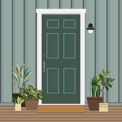 House door front with  plants flat style, building entry facade design illustration vector