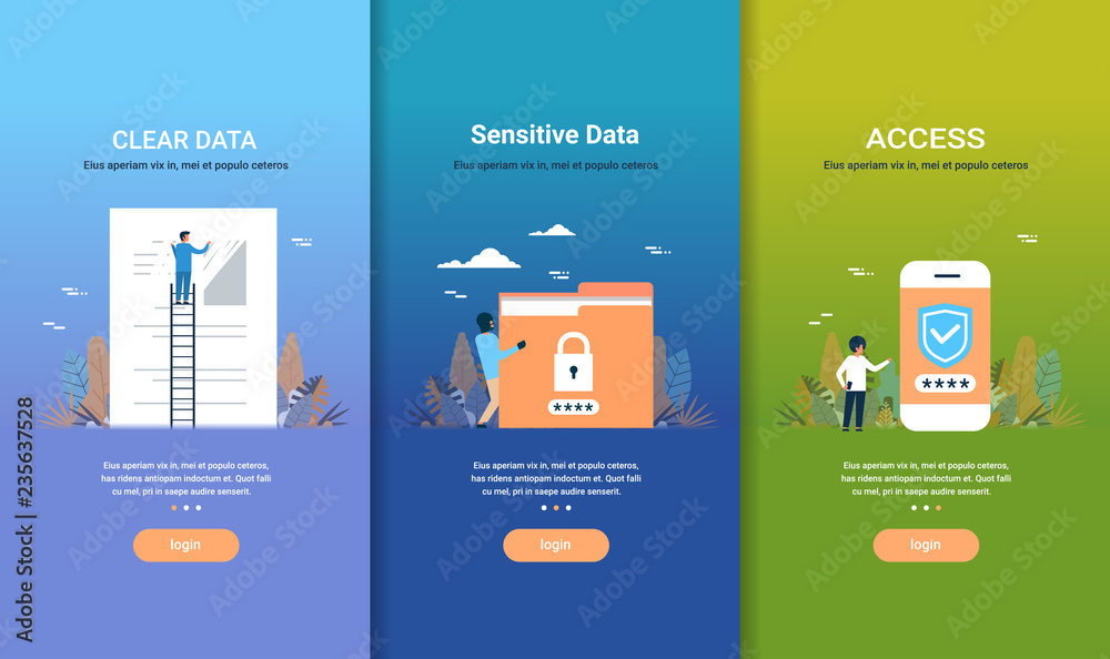 Poster web design template set clear data sensitive data access concepts different business collection flat