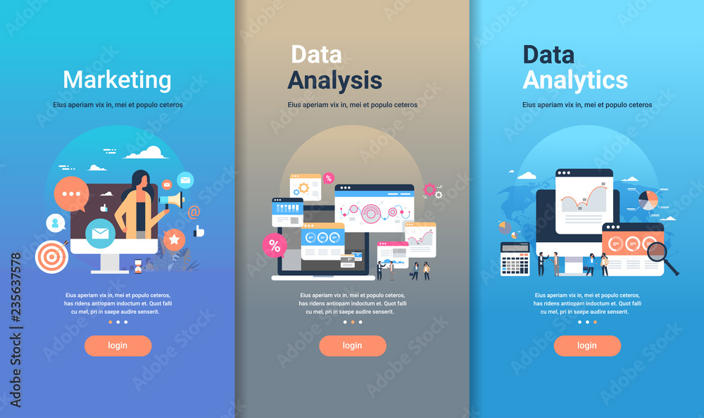 Poster web design template set for marketing data analysis and data analytics concepts different business c