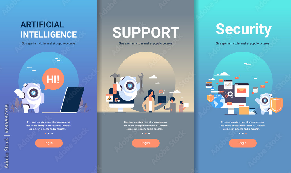 Poster web design template set for artificial intelligence support and security concepts different business