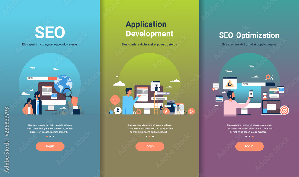 Poster web design template set for seo optimization and application development concepts different business