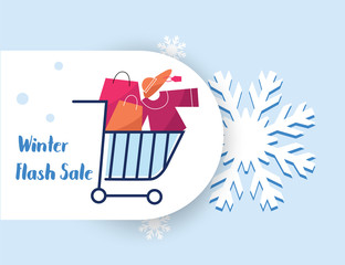Winter flash sale bag shopping chart tag vector banner in snow