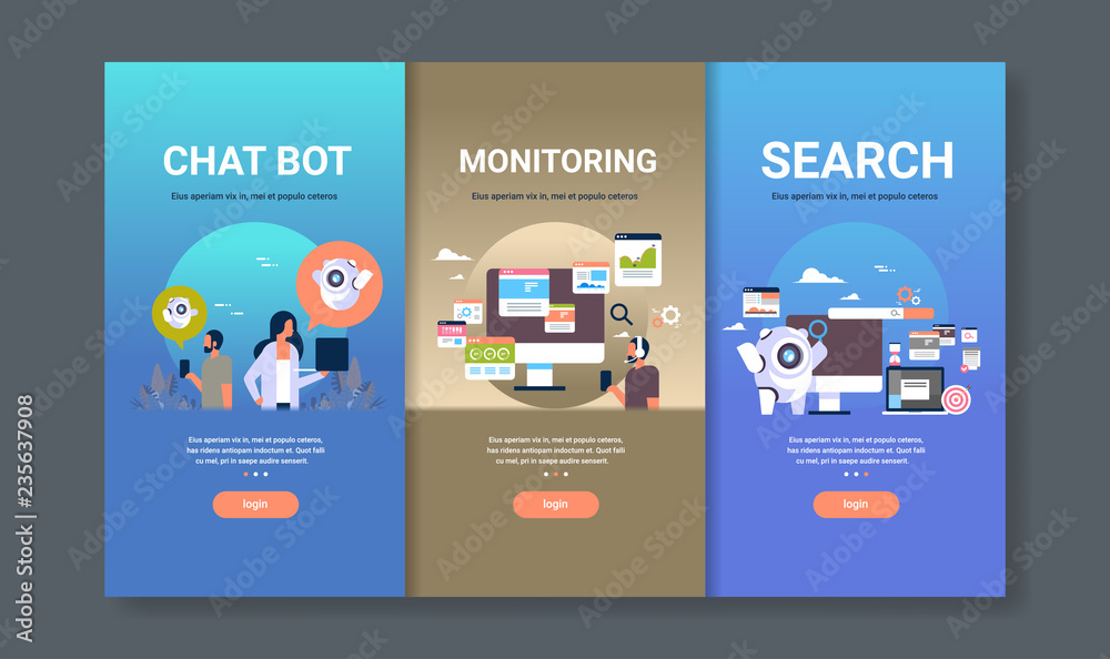 Poster web design template set for chat bot monitoring and search concepts different business collection fl