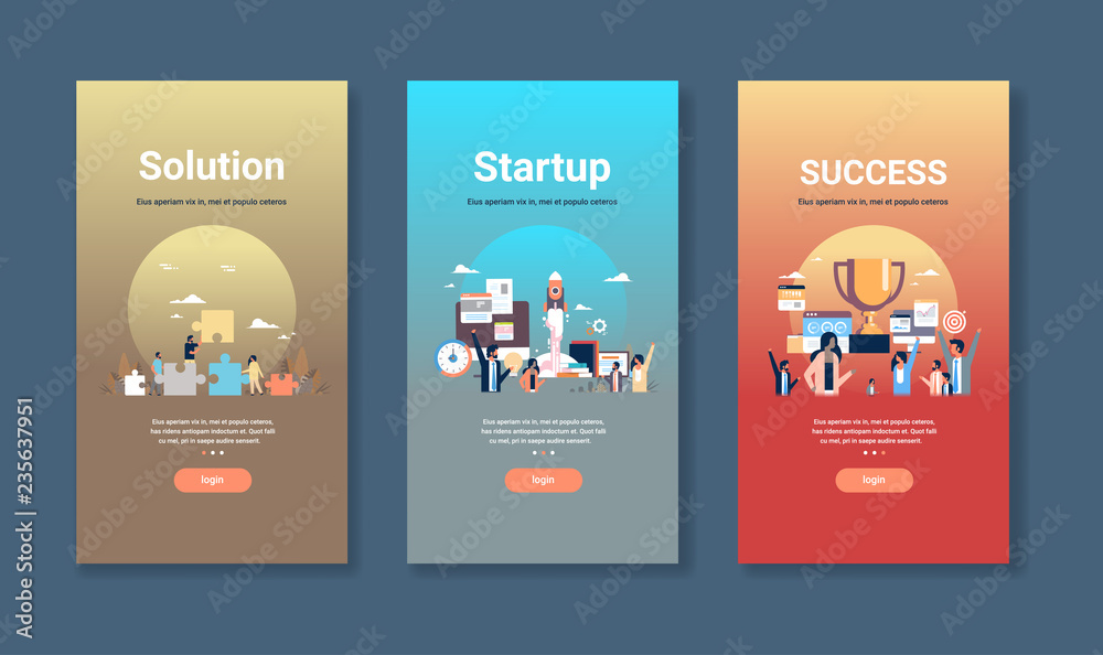 Poster web design template set for solution startup and success concepts different business collection flat
