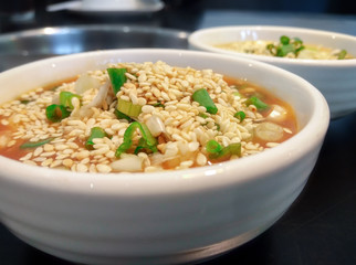 hai Style Sukiyaki Sauce Seasoned with White Sesame and Green Onions in a Bowl