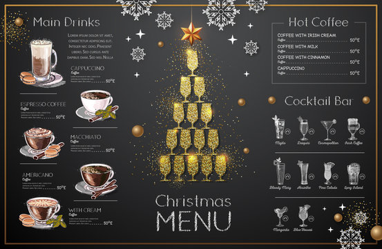 Christmas menu design with golden champagne glasses. Restaurant menu. Pyramid of champagne glasses