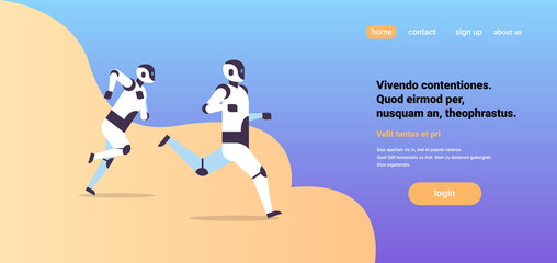 two modern robots running artificial intelligence technology competition concept flat horizontal copy space vector illustration