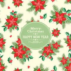Fototapeta na wymiar Merry christmas card with badge for text and misletoe pattern on the white background. Holiday invitation card with poinsettia floral background. Vector illustration.