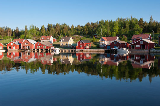 Red sweden houses in trysunda Island, Högakusten, northernn Sweden