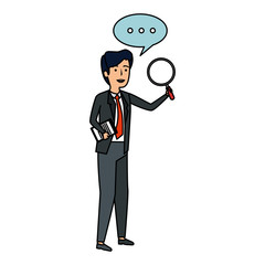 businessman with speech bubble and magnifying glass