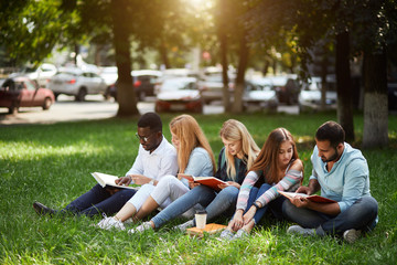 Multi-ethnic group of young students, African, Arabian and caucasian young people sitting together on green lawn reading books at library park - Education, high school, people and lifestyle concept