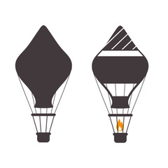 Hot air balloons icons in monochrome. Vintage gas balloon logo template. Air craft adventure, exploring retro airships and aerostats silhouettes. Touristic ballooning journey logotypes.