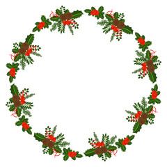 Round frame with Holly berry, pine branch and cones, snowflakes, serpentine and caramel cane. Decoration border for Christmas, New year. For greeting card, vignette, banner, email for holiday.