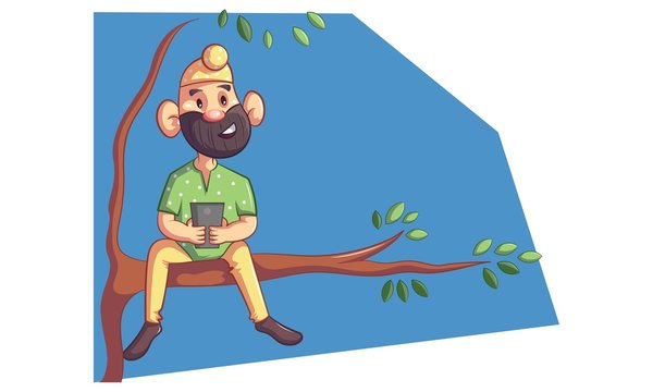 Vector cartoon illustration of punjabi sardar sitting on tree branch with  phone. isolated on white background. Stock Vector | Adobe Stock