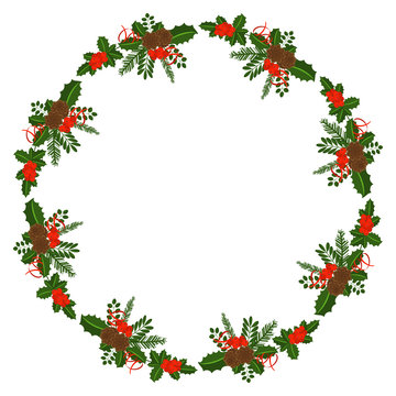 Round frame with Holly berry, pine branch and cones, snowflakes, serpentine and caramel cane. Decoration border for Christmas, New year. For greeting card, vignette, banner, email for holiday.
