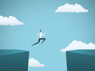 Businessman jumping over gap between cliffs vector concept. Symbol of business risk, success, motivation, ambition and challenge.