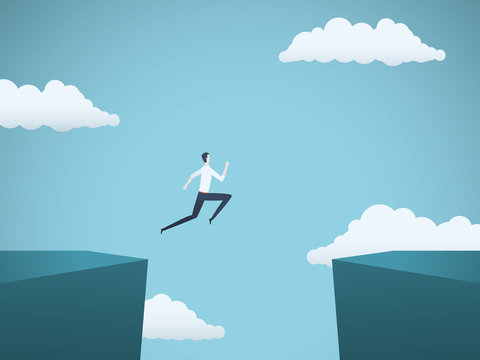 Businessman jumping over gap between cliffs vector concept. Symbol of business risk, success, motivation, ambition and challenge.
