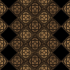 Luxury background vector. Golden tile royal pattern seamless for christmas or new year party. Gold black design for beauty spa salon, wrapping paper, ornaments, gift packaging, yoga wallpaper.