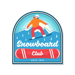 Snowboard Club. Vector. Concept for patch, shirt, print, stamp or tee. Vintage typography design with snowboarder and mountain silhouette. Extreme sport.