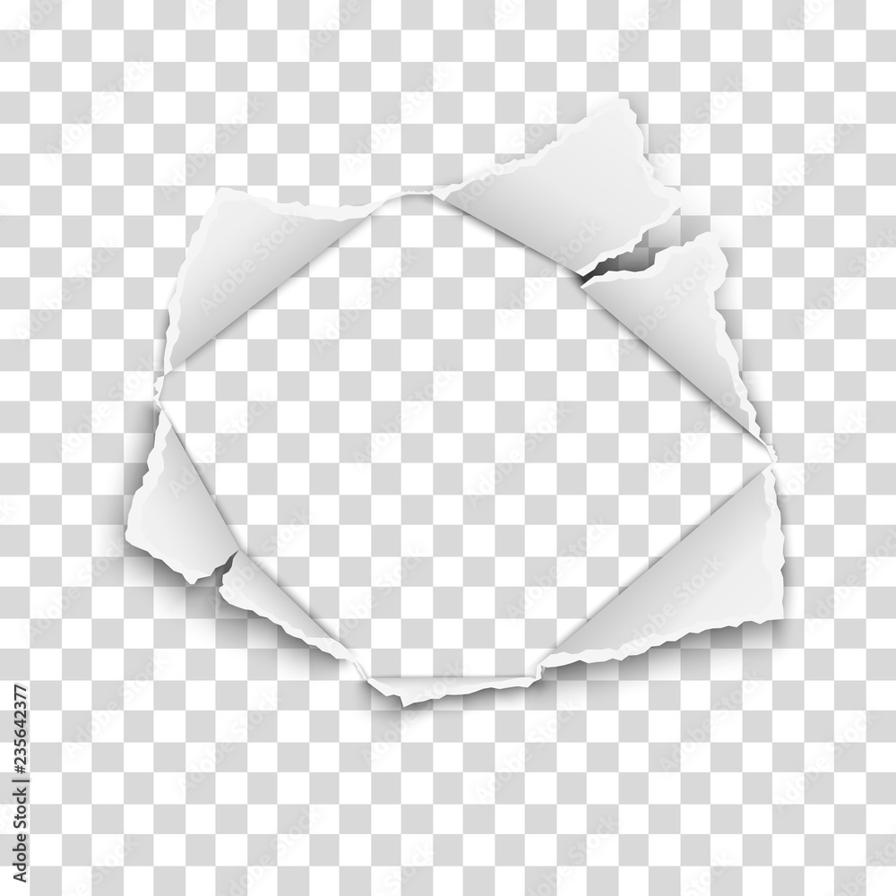 Poster ripped hole in transparent paper with torn edges and soft shadow. damaged sheet. vector paper templa