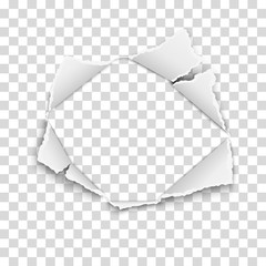 Ripped hole in transparent paper with torn edges and soft shadow. Damaged sheet. Vector paper template. - obrazy, fototapety, plakaty