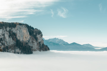 Fototapeta na wymiar Foggy mountain landscape in Dornbirn, Austria