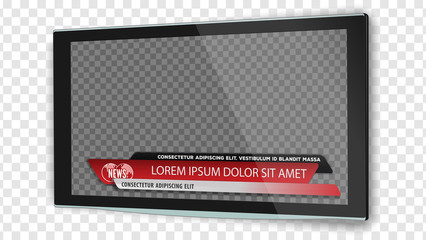 TV realistic flat screen lcd, plasma with news bars for Video headline title or lower third. Isolated on transparent background. Mock Up Template. - obrazy, fototapety, plakaty
