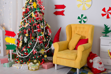 Beautiful Christmas interior with Christmas tree and gifts. New year decoration. Christmas background, concept.