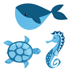 Turtle, whale, seahorse in cartoon style. Sea creatures. Flat style