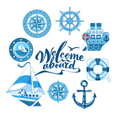 sea set of ship, sailboat, sea gear. flat style