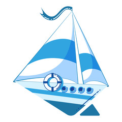 Blue ship with anchor and lifebuoy in cartoon style