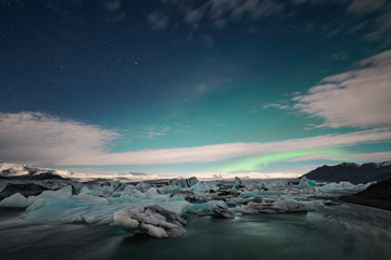 The northern lights over Jokulsarloon glacier lagoon.