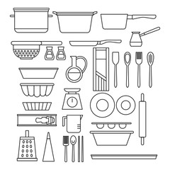 Line Cooking equipment set. Cook shop design elements and tools icons. Chef Kitchen dishes