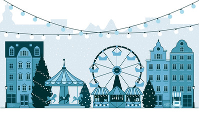 Winter Christmas fair market, Happy New year and Christmas Europe city, souvenir stalls, gift shops, Ferris wheel, garlands, carousel with horses, Christmas trees, socks, gifts. City winter landscape
