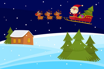Vector Christmas banner of сute cartoon landscapes with Santa Claus