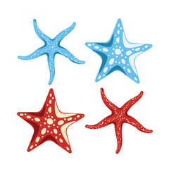 Starfish, red and blue, of different shapes in a cartoon style