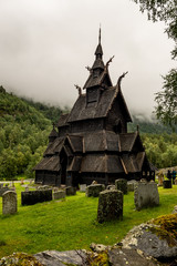Fototapeta na wymiar Borgund stave church (stavkyrkje) in Norway in cloudy weather
