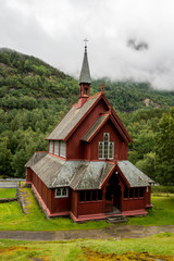 Fototapeta na wymiar Modern red Borgund church (kyrkje, kirke) in Norway