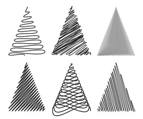 Obraz premium Triangle or christmas tree shapes with hand drawn style sketch and scribble designs isolated on white.