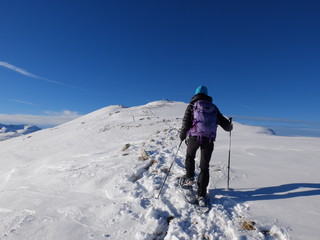 jeune femme en randonnée en montagne en hiver en raquette