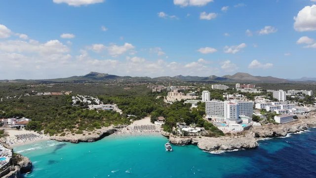 Aerial view, Flight at the coast with hotels and villas, Cala Tropicana and Cala Domingos, Mallorca, Spain