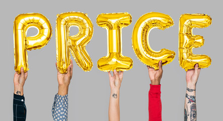 Hands holding price word in balloon letters