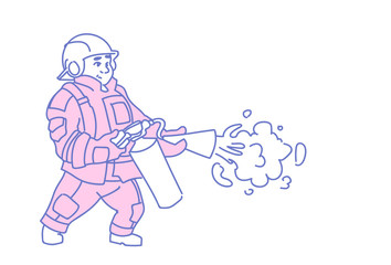 fireman hold extinguisher wearing red uniform helmet man fire fighter sketch doodle horizontal