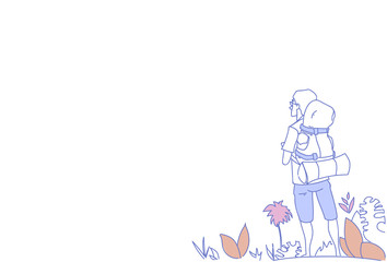 Man backpacker enjoy view guy traveler summer adventure vacation concept sketch doodle horizontal