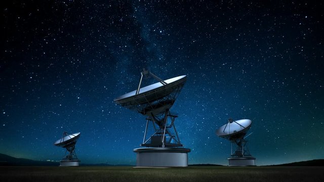 Moving Telescope tower at night time. 4k animation.