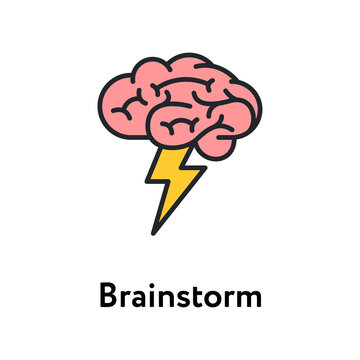 Brainstorm Creative Thinking. Human Brain Lightning Flash Idea. Flat Color Line Stroke Icon Pictogram