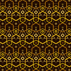 rich golden brown geometric repeating pattern with hexagons, triangles and floral elements for textile, fabric, background, interior design, wall art, posters, stationary, packaging and template