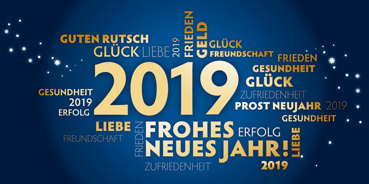2019 Neujahrsgrußkarte goldener Text auf blauem Hintergrund